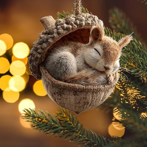 3D Weihnachtsbaumschmuck Waldtier Eichels Ornamente, Tier Hängenden, 3D Acryl Weihnachtsbaumschmuck, Niedliche Eicheln Und Tannenzapfen Waldtiere Anhänger Deko Für Wohnzimmer (Eichhörnchen)