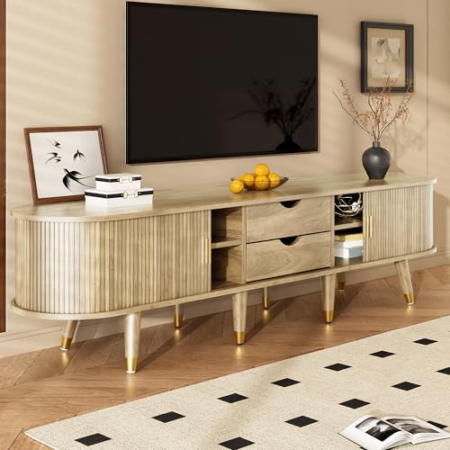LinoraFurn Mueble para TV de 175 cm con puerta corredera de ratán, aspecto de nogal y mucho espacio de almacenamiento, mesa de televisión rústica de MDF con compartimentos abiertos, cajones y armario