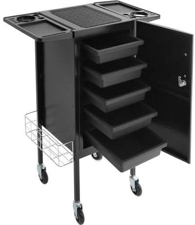 Chariot de travail de coiffeur verrouillable avec 5 tiroirs et porte-sèche-cheveux - Chariot compact en métal - Chariot de salon de beauté pour salons de coiffure, spas
