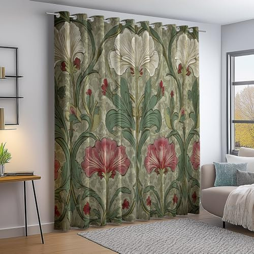Rideau Occultant Beige 140L X 300H Cm Lot de 2 - Paire Thermo-Isolante À Œillets - Réduction du Bruit en Polyester - William Morris Fleurs Jardin Prêt À Poser