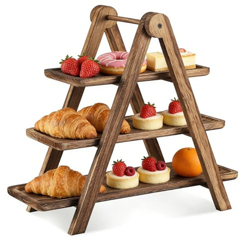 YuLiMirich Holz Etagere 44x42x17cm Etagere Groß mit 3 Etagen Buffet Ständer Klappbares Servierständer Cupcake Tortenständer für Muffin Snacks Serviergestell Kuchen