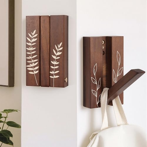 KYIAANY Rustic Folding Wall Hooks: Decorative Wooden Coat Hooks 2Pack Mounted for Heavy Duty Hanging Towels Backpack Bags Hat, Space Saving Home Decor for Aesthetic Homeowners