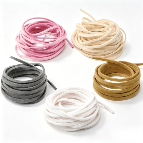 Cordino in pelle, 3 mm x 4 m, piatto, al metro, per gioielli fai da te | Cordino in pelle versatile per bracciali, collane e progetti artigianali in 5 colori: rosa, beige, grigio, bianco e latte