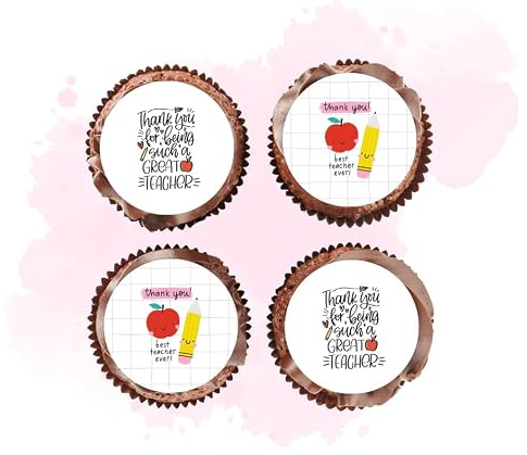 Pre Cut EDIBLE Cupcake Cake Toppers Best Teacher Thank You Theme Printed Icing 2 x12
