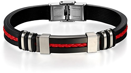 JewelryWe Schmuck Herren Armband, Klassisch Edelstahl Schwarz Kautschuk Armreif Armschmuck mit Rot Geflochten Leder Seil, 2 Modellen