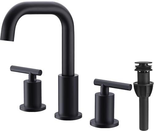 TRUSTMI 2-Handle 8 Inch Widespread Bathroom Sink Faucet, 3 Hole Brass Bathroom Faucet with cUPC Water Supply Lines and Pop Up Drain Assembly, Matte Black