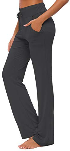 Damen Yoga Hose Mit Taschen Breites Bein Kordelzug Lose Gerade Lounge Laufen Workout Modale Hose Aktive Freizeit Jogginghose (Schwarz, L)