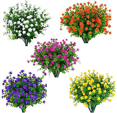 Amajoy 15 Bundles Outdoors Artificial Flowers Faux Plastic Greenery UV Resistant Shrubs Plants for Indoor Vase Outside Hanging Plants Pot Garden Porch Décor Wedding Farmhouse Decoration