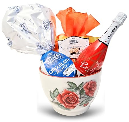 Speciale Italia – Centrotavola Rose Pasquale, Confezione Regalo con Colomba, Uovo di Pasqua e Spumante, Cesto Dolce in Ceramica Italiana Lavorata a Mano