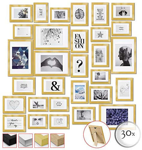 bomoe 30tlg Bilderrahmen Set Collage Holz Fotowand mit Passepartout | 10x10x15cm 15x13x18cm 5x20x30cm Gold Fotorahmen inkl Aufsteller Verschiedene Größen Wand Emotion