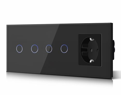 BSEED Interruptor táctil y enchufe pared,Panel de Vidrio con pulsador LED,Conmutador Modernos,Sin Función Wifi,2 Gang 1 Vía+2 Gang 1 Vía+1 Enchufe,228mm Negro