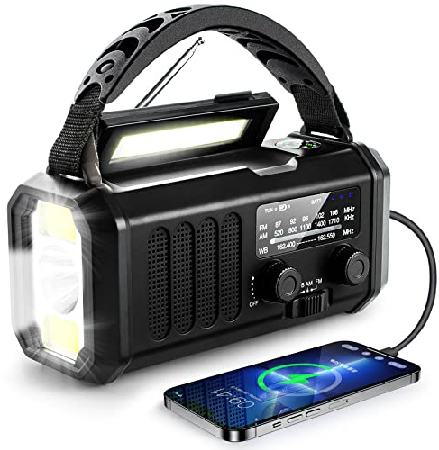 Solarradio, Kurbelradio, Notfallradio, NOAA/AM/FM Wetterradio, USB-Typ-C-Aufladung, Dynamo-Radio, Polymer-Batterie, Taschenlampe und LED-Leselicht, SOS-Alarm, Kompass für Camping, Schwarz