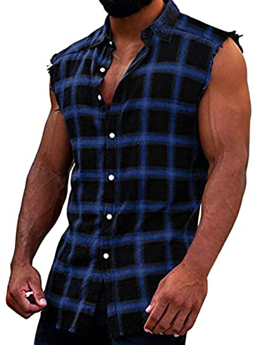 Chemise de Bûcheron à Carreaux Pour Homme - Débardeur d'été Ample - Hawaïenne Boutonnée - Sans Manches - Grande Taille - Coupe Ajustée