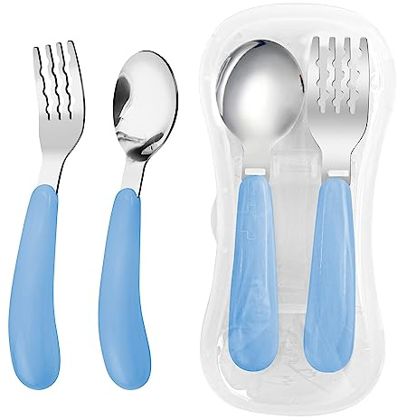 VANRA Juego de 2 Piezas de Tenedor y Cuchara para Niños Pequeños con Estuche de Viaje, Utensilios de Acero Inoxidable 18/8, Cubiertos para Niños