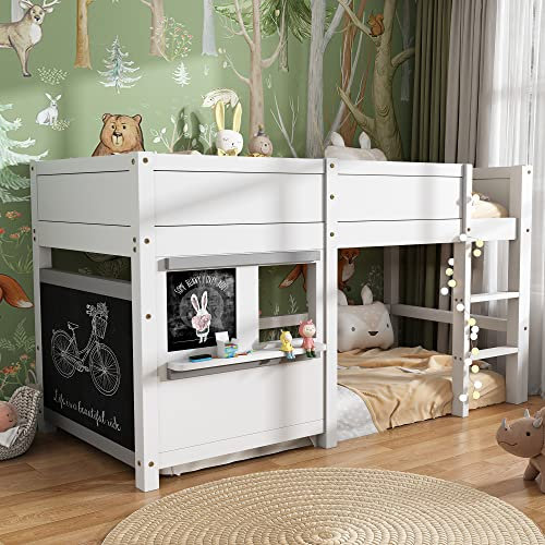 MYBOO Kinderbett Etagenbett 90x200, Hausbett Spielbett mit Zwei Brettern Graffitifähig mit Kleiner Ablage, Langlebig Massivholz Jugendbett mit Rausfallschutz Bett, Weiß Ohne Matratze