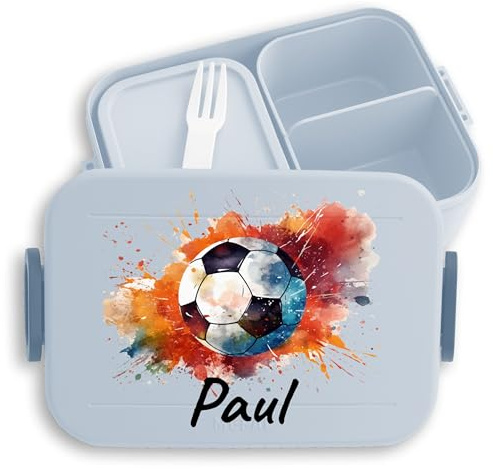 Kinder Bento Box Midi Lunchbox für Mepal Bentobox - Fußball - Fussball Jungs Fußballer Jungen Schule mit Name I - 900 ml - Hellblau - brotzeitdose kindergarten junge fusball geschenke kind soccer