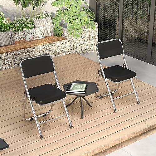 PIPIPOXER Konferenzstuhl klappbar,2er Set Essstühle Klappstühle Klappstühle aus kuschelig PU Leder und Stahlrahmen,Stabiler Klappstuhl Furniture mit für Gäste im Freien Schwarz 45x46x82cm