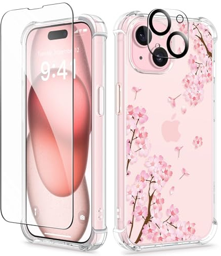 GVIEWIN Kompatibel mit iPhone 15 Hülle 6,1 2023, mit Displayschutzfolie + Kameraschutz, [Militärischer Schutz] Anti-Gelb Blume Klar TPU Dünn Stoßfest Kratzfest Handyhülle, Sakura/Rosa | Militärischer Schutz,Anti-Gelb,Dünn,Stoßfest,Kratzfest,Fallschutz,Schutzhülle Handyhülle 2023,Sakura/Rosa