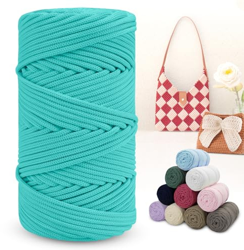 LEREATI Polyester Garn 150m Makramee Garn 4mm Geflochten Polyester-Seil Farbig Häkelgarn, Macrame Cord 4mm für Häkeltasche Umhängetasche Handtasche Geschenk Strickwaren (Aqua-Blau)