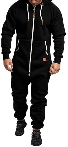 XIXIMAON Grenouillère Homme Pyjama Combinaison à Capuche Zippé Imprimé Camouflage Jumpsuit Manches Longues en Polaire Vêtement Une Pièce Hiver Chaud (t-Noir, L)
