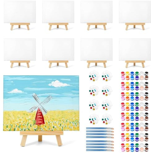 8 Stück 20,3 x 25,4 cm Leinwandtafeln zum Malen, Leinwand mit 24,1 cm Staffelei,Tischstaffelei Holz Kunst-Leinwand-Malset mit 10 Pinseln und 2 Farbtabletts für Kinder, Jugendliche, Acryl, Ausgießen