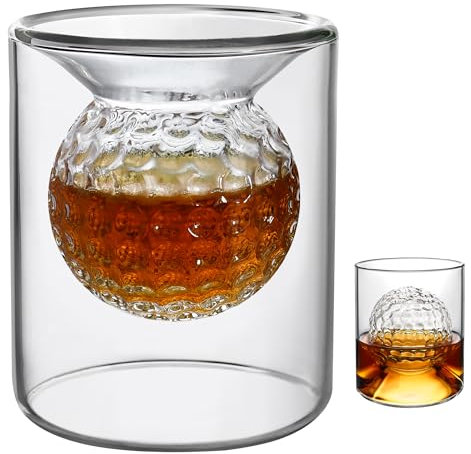 Whiskey Glass, 60ML/150ML Dual Purpose Rum Glasses, Golf Gifts for Mens Golfers, Embedded Golf Ball Shape Whisky Glasses Rocks Glass Perfect Drinking Tumblers for Home Bar Party Birthday Gifts