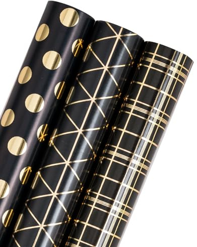 RUSPEPA Geschenkpapierrolle – Mini-Rolle – 3 Rollen – 43,2 cm x 3,05 m pro Rolle – Metallic-Schwarz-Gold-Geometrie-Design für Hochzeit, Urlaub, Party, Babyparty