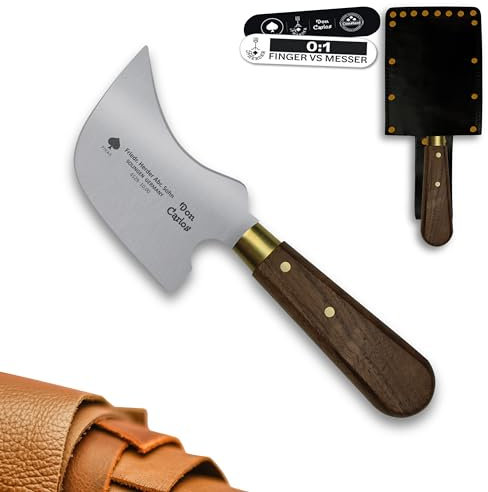 DON CARLOS Viertelmondmesser/Quarter Moon Knife, Professionelles Fenstermesser, Bodenlegermesser, Sattlermesser - universelle Anwendung, Klinge 10 cm, Walnussgriff, praktische Lederscheide