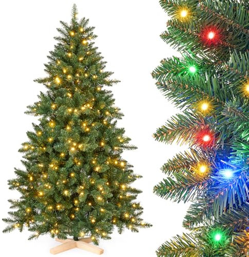 Yorbay Künstlicher Weihnachtsbaum mit Beleuchtung LED: PVC künstlicher Tannenbaum mit Holzständer für Weihnachten-Dekoration, Ideal für Festliche Stimmung (150cm)