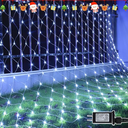 LJLNION Filet lumineux de Noël, 360 LED, 3,7 x 1,5 m, connectable, 8 modes, adaptateur sûr pour arbres de Noël, buissons, mariage, vacances en plein air, décorations de jardin, blanc froid