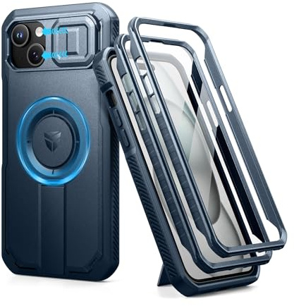 Dexnor Coque Compatible avec iPhone 15 Plus/14 Plus Magnétique avec Couverture de Caméra Coulissante & Support Réglable & Film de Protection D'écran Intégré, Boîtier de Pare Chocs Robuste- Bleu Marine