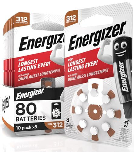 80 Piles pour Appareils Auditifs Energizer Taille 312 Marron avec Technologie PowerSeal - 10 Paquets de 8 Piles