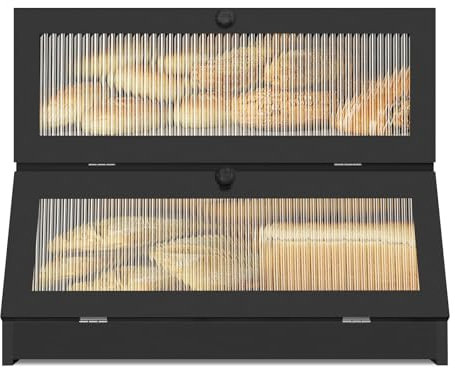 W&H Brotkasten Bambus, 2 Etagen brotkästen Holz, Brot Aufbewahrungsbox Groß, Brotbehälter Schwarz, brotbox für Brotaufbewahrung, Natur Bambus, 40CM×25CM×33CM (LxBxH)