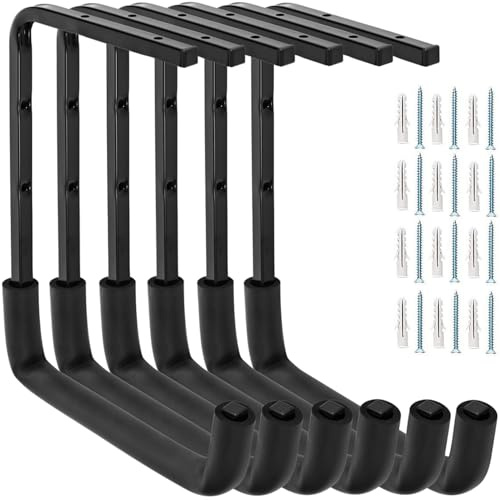 Locawaya Ceiling Mounted Garage Hooks, Overhead Garage Storage Rack, Utility Ladder Hangers for Lumber Bike Tools (9.45 x 12.6 Inch) (6)
