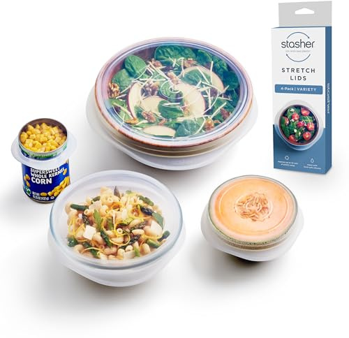 Stasher Premium Reusable Silicone Stretch Lids, Clear, 4pk of 9”, 6.5”, 4.5”, and 2.5” Lids, Airtight Seal, Food Container Covers, BPA Free, Leak-Free, Dishwasher Safe, Microwave Safe, Eco-Friendly