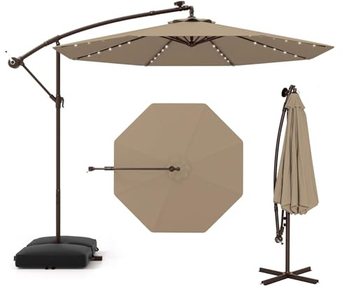 GOPLUS Parasol de Jardin Extérieur avec Pied, 3M Grand Parasol Déporté Inclinable, avec 8 Baleines 32 Lampes Solaires, pour Terrasse Plage Cour (Café)