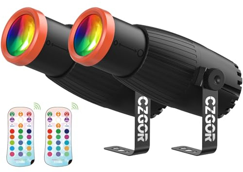 Pinspot LED Luce, Czgor 18W RGBW 4 in 1 Luci Spot con telecomando, Fuoco Manuale Palla Disco Spotlight, Super Luminoso con Colonna Guida Luce, Palcoscenico Illuminazione per Disco Party, 2 Pack
