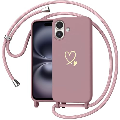 Yichxu Coque pour iPhone 16 avec Cordon, Souple Silicone Liquide Housse avec Collier, Réglable Lanyard Case, Motif Coeur d'amour Antichoc Etui Protection Cover pour iPhone 16, Rose