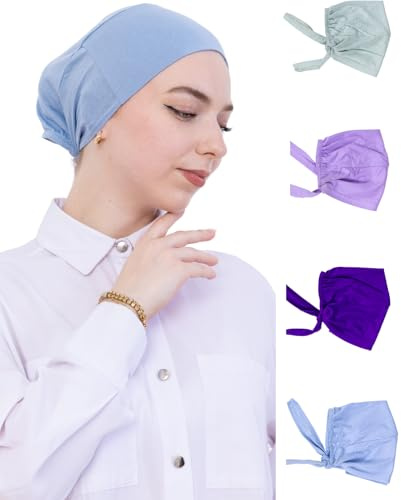 Prien 4 pezzi Undercap Hijab per le donne, set turbante sciarpa testa, berretto musulmano in cotone, cappello islamico, accessori per la preghiera, verde chiaro, azzurro, viola, lilla, taglia unica