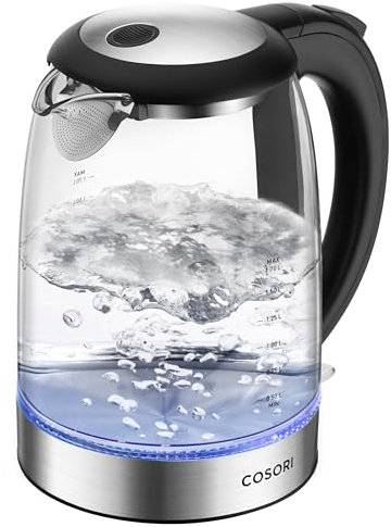 COSORI Kettle, Electric Kettles, 3000W with No Plastic Filter & Spout, Stainless Steel Inner Lid, Fast Quiet Boil with Blue LED, BPA Free, Smart Boil-Dry Protection, Glass Small Black, 1.5L