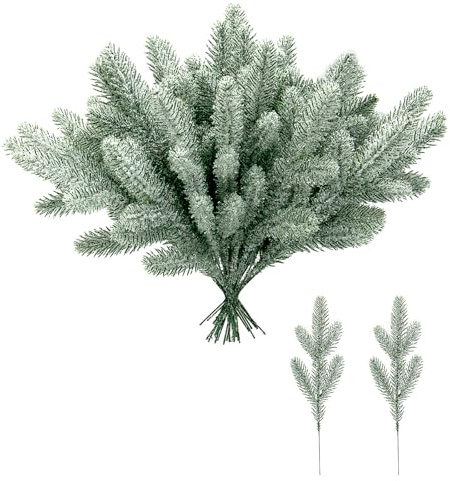 30 branches de pin artificielles givrées pour Noël, pics de sapin de Noël enneigé, faux pics de Noël en spray, aiguilles de pin artificielles pour décoration DIY, pics d'hiver pour guirlande de cèdre