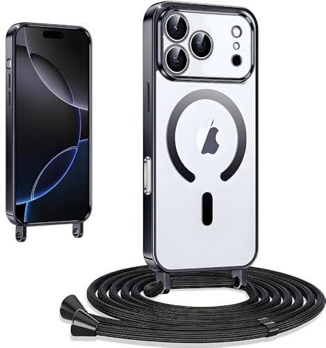 CaseLover Magnetische Handyband kompatibel iPhone 17 Pro Max 6.9 Hülle mit Band, Klare Silikon Necklace Handyhülle mit Kordel zum Umhängen Stossfest mit Kameraschutz Bumper Schutzhülle Case, Schwarz