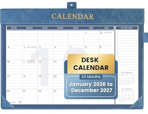 Yoment Desk Calendar 2026, Jan 2026-Dec 2027, 2026 Desk Calendar Large 17 x 12, 2026 Calendar with Plastic Cover, to-Do Lists, Leather Desktop Wall Calendar 2026-2027 for Office School Home, Blue