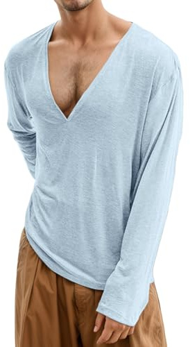 YOSUWOAI Camiseta de manga larga para hombre con cuello de pico profundo, monocolor, básica, cuello en V, manga larga, corte ajustado, elástico, camiseta larga suelta, ligera y fina