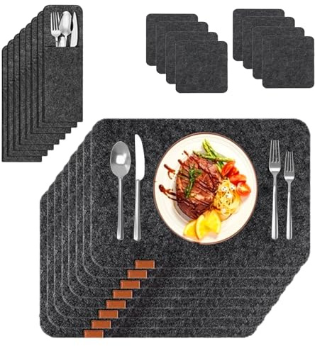 Tischset Platzset, 24er Set Eckige Tischsets aus Filz Premium Platzdeckchen mit 8 Platzsets 8 Untersetzer 8 Bestecktaschen Abwaschbar Telleruntersetzer Filzset für Küche Anthrazit
