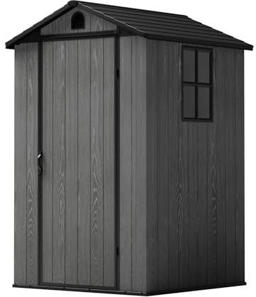 TRIUMPHKEY 4x4 Gartenhaus Kunststoff, 117x117x195 cm Gerätehaus mit Boden, Geräteschuppen mit Satteldach und Belüftung, Wetterfest, Outdoor für Garten Rasen, Dunkelgrau