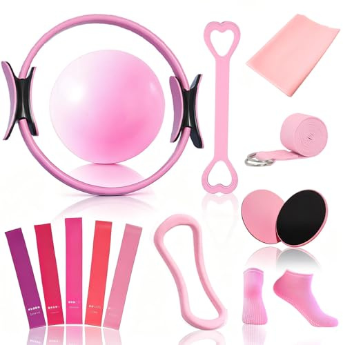Kit Pilates En Casa 15 Pilates Kit Goma Elastica Pilates Accesorios Bandas Elasticas, Aro De Pilates,Bola, Bandas De Resistencia, Círculo De Resistencia,Cinturón Auxiliar para Yoga, Gimnasia, Fitness