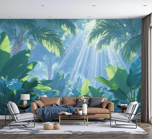Papier Peint La lumière du soleil filtre à travers les feuilles de bananier, Motif Papier Peint Soie Panoramique Forêt tropicale humide 200x140cm Wallpaper Pour Salon Chambre Deco Murale Vert