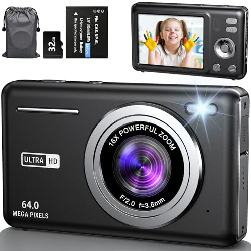 Cámara de Fotos 64MP 4K Cámara Digital Compacta con Zoom 16X 2,8 LCD Compacta Portátil Cámara con Tarjeta 32GB para Niños Principiantes Adulto (Negro)