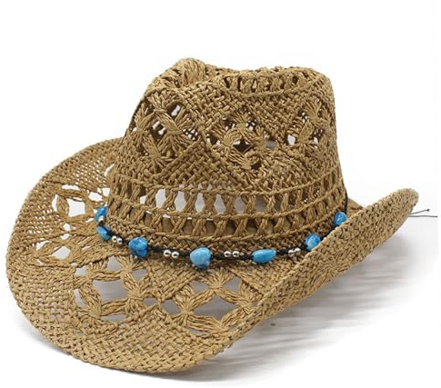Boho Cowboy Sun Hat for Women - UPF 50+ Foldable Wide Brim Straw Hat, Western Style Beach Hat for Summer Vacations & Countryside Trips